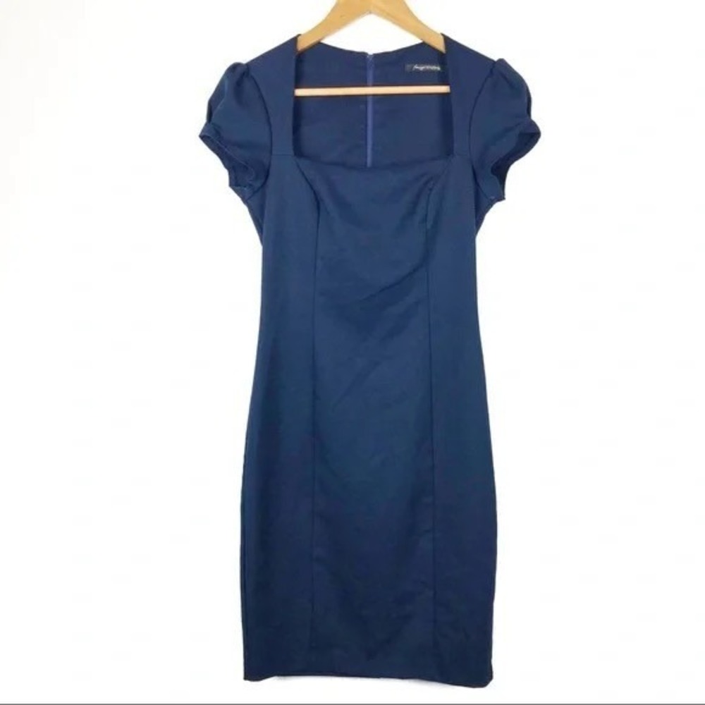 Foreign Exchange Navy Blue Square Neck‎ Puff Sleeve Sheath Dress Bodycon Slit
